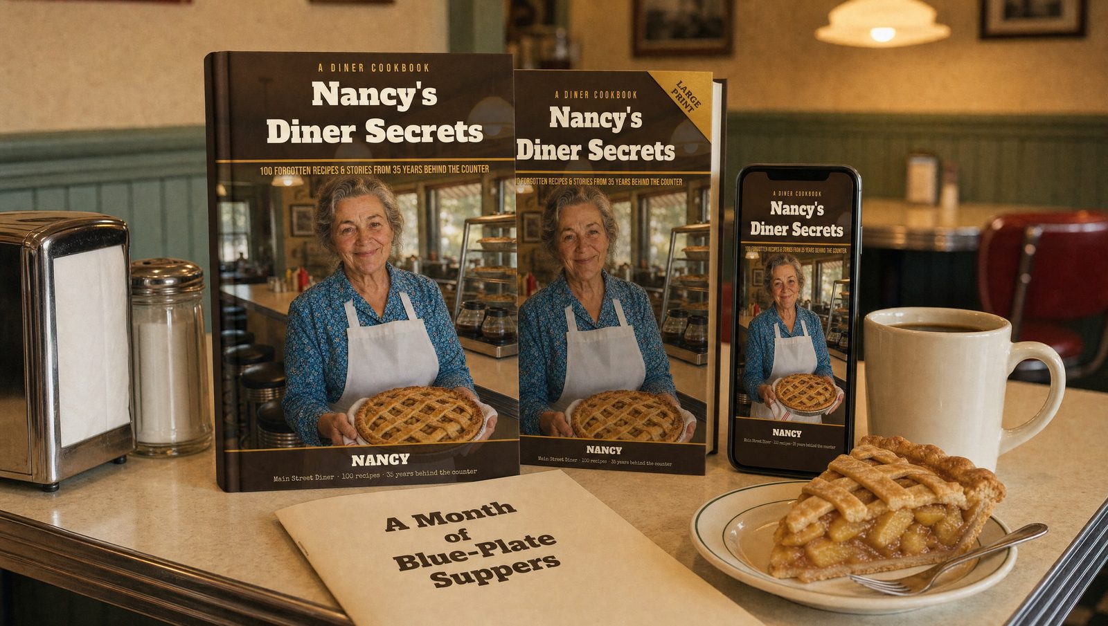 Nancy's Diner Secrets — the hardcover, the Large-Print edition, the book on a phone, and the Month of Blue-Plate Suppers booklet, on a diner counter beside a slice of apple pie and a mug of coffee