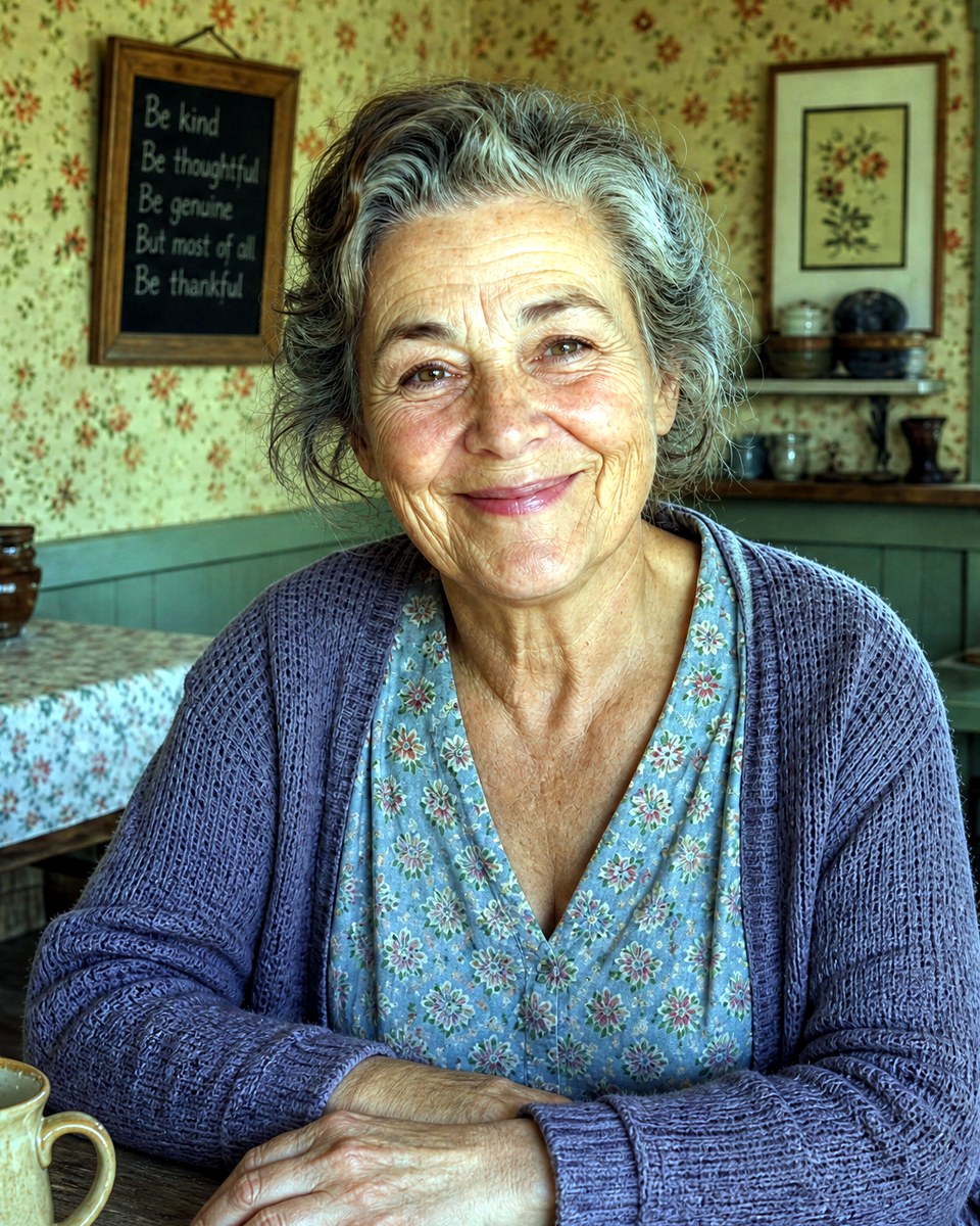 Nancy smiling warmly, seated at her kitchen table