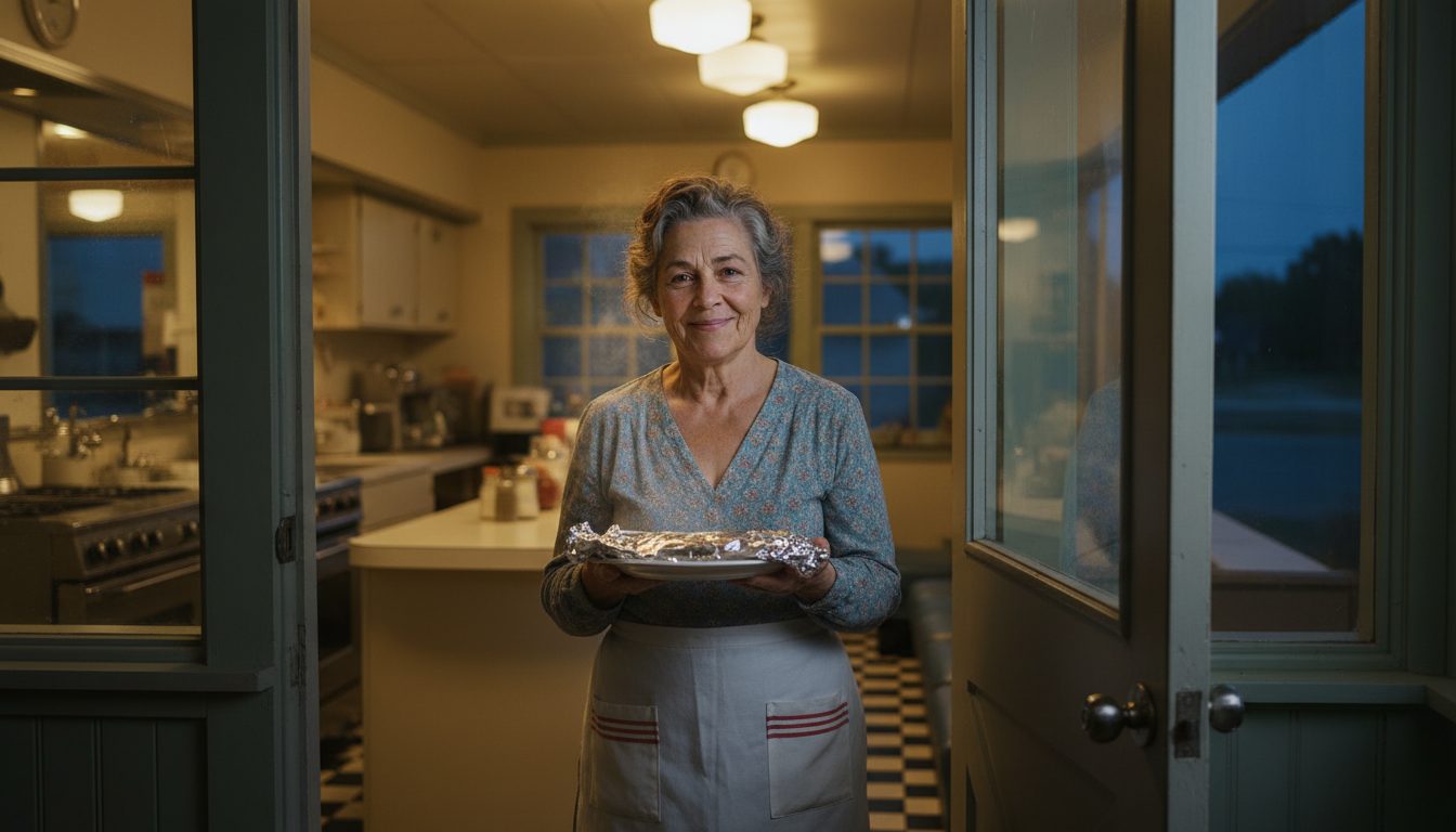 Nancy in the open back doorway of the diner at dusk, holding a foil-wrapped plate