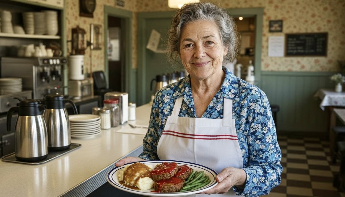 Nancy behind the diner counter, holding out a blue-plate supper of meatloaf, mashed potatoes and gravy, and green beans