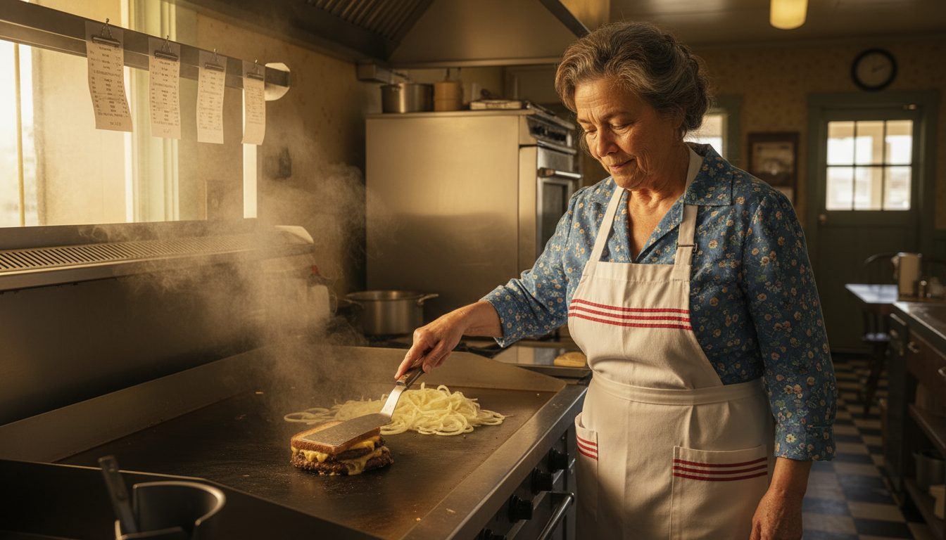 Nancy at the flat-top griddle pressing a patty melt on rye, grilled onions beside it