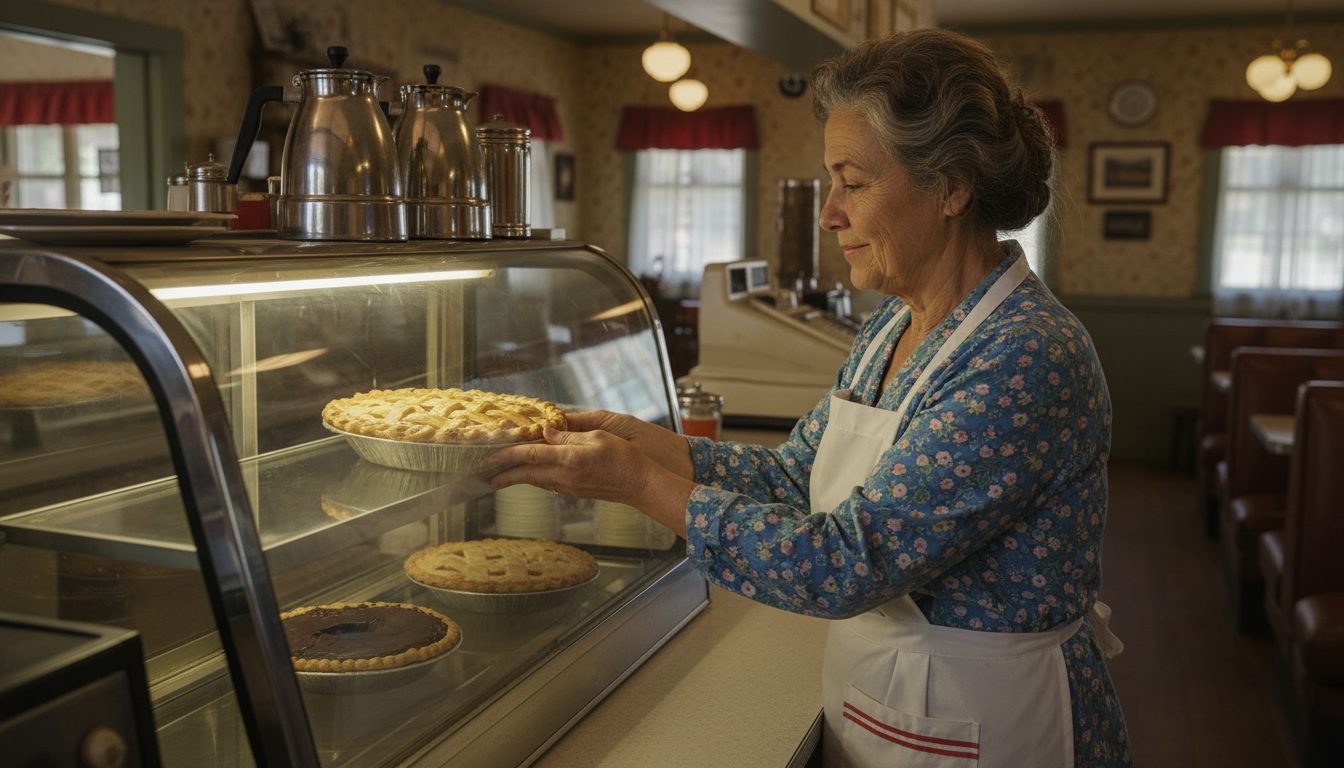 Nancy sliding a lattice-top apple pie into the glass pie case by the register